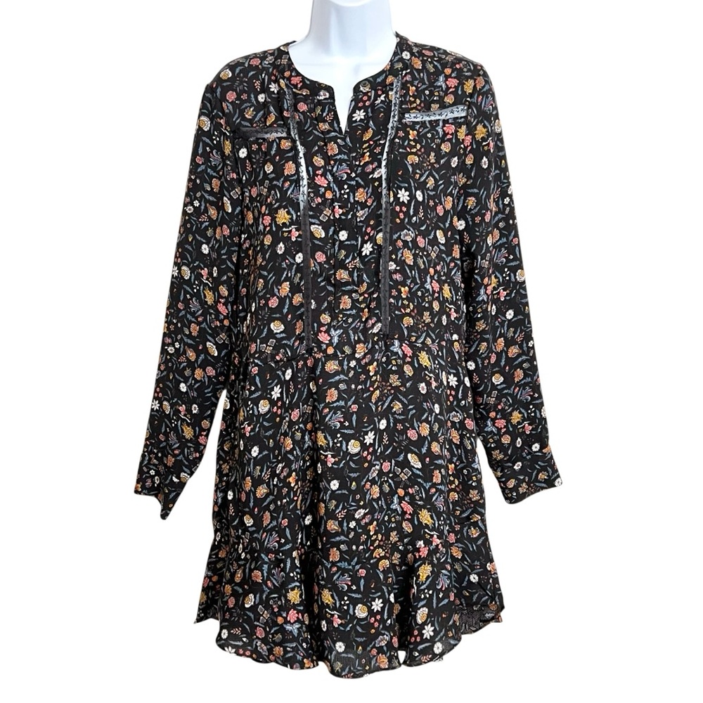 Current Air Dark Floral Boho Ruffle Hem Dress Womens M Black Cottagecore Flowy